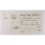 Malta Banco Anglo Maltese 50 Pounds sterling c.1880's, unissued remainder complete with