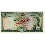 Jersey 1 Pound SPECIMEN note, issued 1963 signed Clennett, Queen Elizabeth II portrait, serial