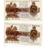 Warren Fisher 1 Pound (2) issued 1923, a scarce consecutively numbered pair, serial B1/54 681400 &
