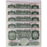 Beale 1 Pound (5) issued 1950, a consecutively numbered run of 5 x notes, serial X82C 255135 -