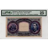 Barbados 5 Dollars dated 1st December 1939, portrait of King George VI at right, serial C/C