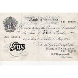 Peppiatt 5 Pounds dated 17th May 1945, serial J21 006341, London issue on thick paper (B255,