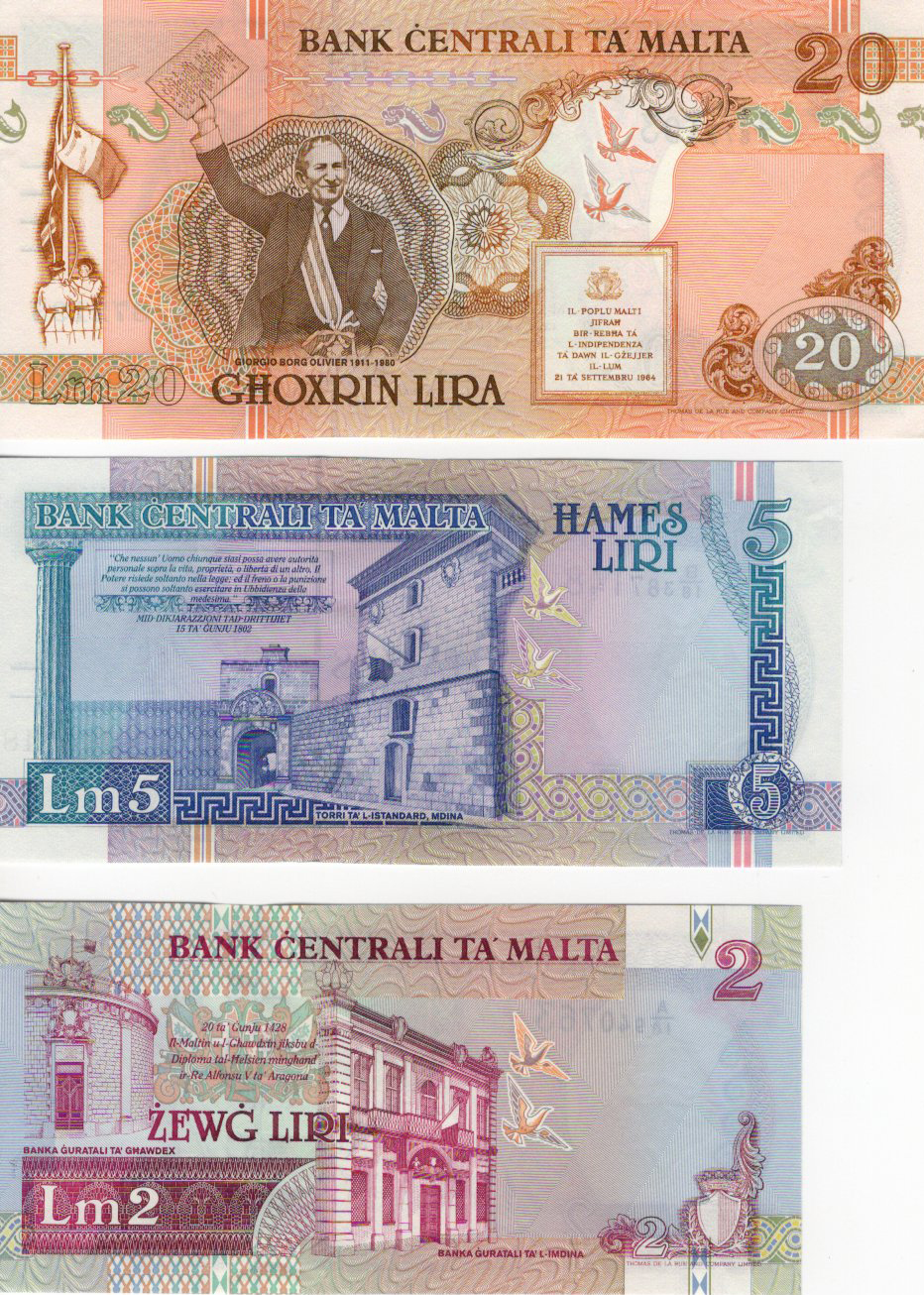 Malta (3) 20 Liri, 5 Liri and 2 Liri issued 1994 (TBB B221, B219 & B218, Pick48, 46 & 45) - Image 2 of 2