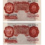 Beale 10 Shillings (2) issued 1950, a pair of FIRST ISSUE with single letter prefix, serial no's 09B