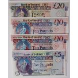 Northern Ireland, Bank of Ireland (4), 20 Pounds dated 1st July 1997 serial T216777, 10 Pounds dated