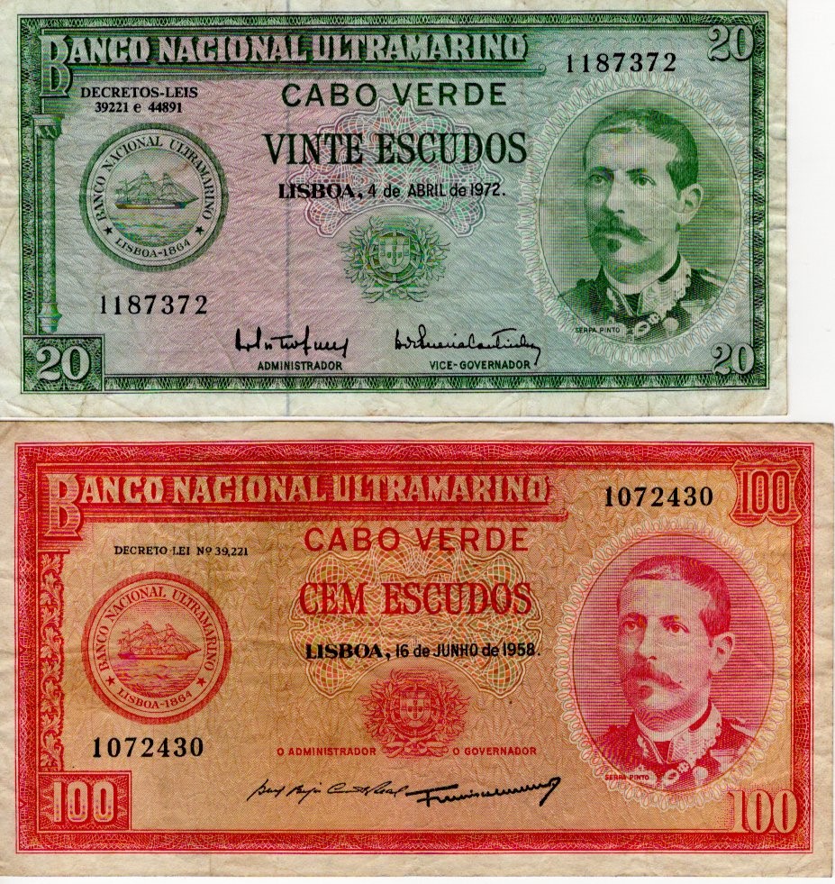 Cape Verde (2), 100 Escudos dated 16th June 1958 (Pick49), 20 Escudos dated 4th April 1972 (Pick52a)