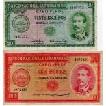 Cape Verde (2), 100 Escudos dated 16th June 1958 (Pick49), 20 Escudos dated 4th April 1972 (Pick52a)