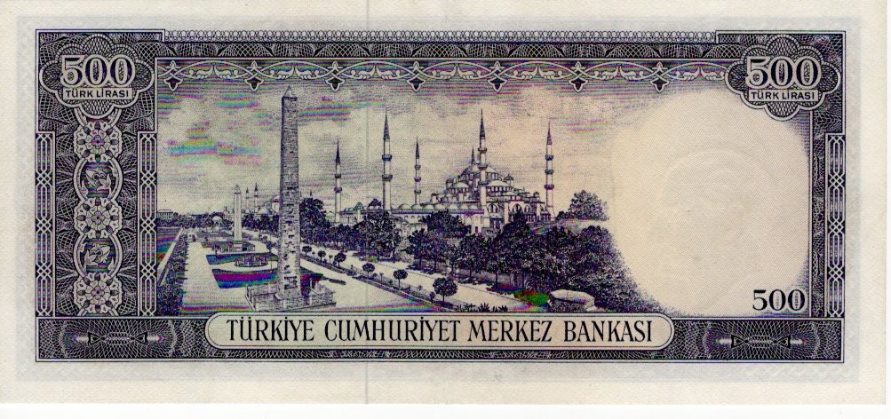 Turkey 500 Lirasi issued 1968 (Law 1930), serial U34 024757 (TBB B261a, Pick183) pressed EF - Image 2 of 2