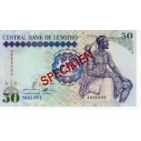 Lesotho 50 Maloti dated 1992, SPECIMEN note, red diagonal overprint front and back, serial