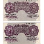 Peppiatt 10 Shillings (2) issued 1940, mauve WW2 emergency issue, serial D19D 711105 & M43D