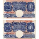 Peppiatt 1 Pound (2) issued 1940, blue WW2 emergeny issue, a consecutively numbered pair serial C92H