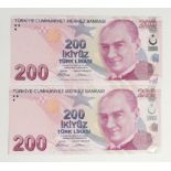 Turkey 200 Lirasi (2) dated 2009, a consecutively numbered pair serial A140 617083 & A140 617084 (