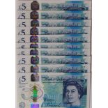 Cleland 5 Pounds (10) issued 2016, a consecutively numbered run of 10 Polymer notes, serial AK08