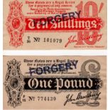Bradbury (2), 1 Pound & 10 Shillings, both overstamped FORGERY, serial No's F/12 774430 and T/30