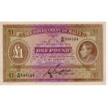 Malta 1 Pound issued 1940, portrait King George VI at right, serial A/16 534124 (TBB B119b, Pick20b)