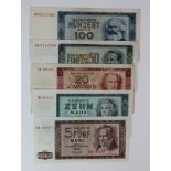 Germany Democratic Republic (5) comprising 100 Mark REPLACEMENT note prefix ZA, 50 Mark, 20 Mark