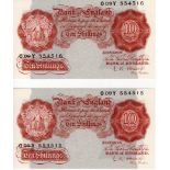 O'Brien 10 Shillings (2) issued 1955, a consecutively numbered pair, serial O09Y 554515 & O09Y