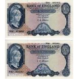 O'Brien 5 Pounds (2) issued 1961, Lion & Key, a consecutively numbered pair of FIRST SERIES notes,