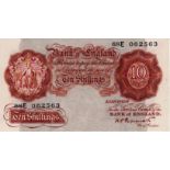 Peppiatt 10 Shillings issued 1948 with security thread, LAST SERIES serial 68E 062563 (B262,