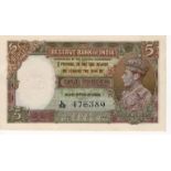 India 5 Rupees issued 1943, signed C.D. Deshmukh, portrait King George VI at right, serial L/52