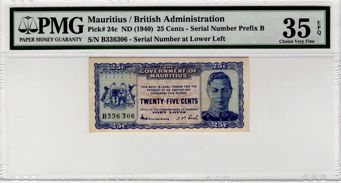 Mauritius 25 Cents issued 1940, portrait King George VI at right, serial B336306, (TBB B320a,