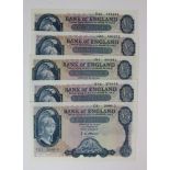 O'Brien 5 Pounds (5) issued 1957 & 1961, series B helmeted Britannia, Lion & Key notes (B277 & B280)