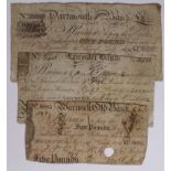 Provincial notes (3), Dartmouth General Bank 1 Pound dated 1821, Leicester Bank 5 Pounds dated