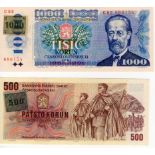 Czech Republic (2), 1000 Korun & 500 Korun issued 1993, provisional issues with revalidation