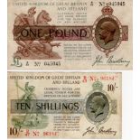 Bradbury (2), 10 Shillings issued 1918 serial B/47 961847, No with Dash (T20, Pick350b), 1 Pound