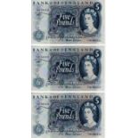 Fforde 5 Pounds (3) issued 1967, a consecutively numbered run serial 73D 942332 - 73D 942334 (