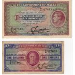 Malta (2), 2 Shillings 6 Pence issued 1940 serial A/3 327813 (TBB B117a, Pick18) VF, 1 Shilling