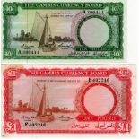 Gambia Currency Board (2), 10 Shillings and 1 Pound issued 1965, serial A300414 and E402216, (TBB