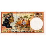 French Pacific Territories 10,000 Francs issued 1985, serial A.002 260911 (TBB B104g, Pick4g) good
