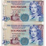 Guernsey 10 Pounds (2) issued 1995 signed D.M. Clark, a consecutively numbered pair with LOW