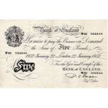 Beale 5 Pounds dated 22nd January 1952, serial W82 002644 (B270, Pick344) '2152' stamped on reverse,
