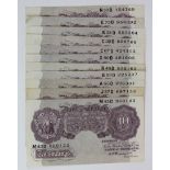 Peppiatt 10 Shillings (11) issued 1940, all mauve WW2 emergency issue (B251, Pick366) mixed grades