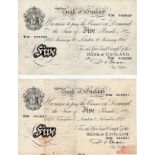 Beale 5 Pounds (2) dated 7th November 1949 serial O88 040831 and 10th January 1951 serial T58 055629