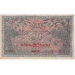 Yugoslavia 80 Kronen overprint on 20 Dinars dated 1st February 1919, serial No. 015100 (Pick18)