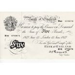 Peppiatt 5 Pounds dated 12th June 1947, serial M42 075975, London issue on thin paper (B264,