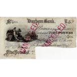 Durham Bank 5 Pounds dated 1891 for Jonathan Blackhouse & Co., serial No. C/W 675, cut cancelled and