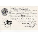 Peppiatt 5 Pounds dated 18th September 1944, serial E14 095792, London issue on thick paper (B255,