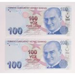 Turkey 100 Lirasi (2) dated 2009, a consecutively numbered pair serial B156 575815 & B156 575816 (