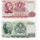Norway (2), 100 Kroner dated 1965 serial D7785607 (Pick38a), 50 Kroner dated 1977 serial I0118530 (