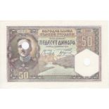 Yugoslavia 50 Dinara UNIFACE obverse PROOF dated 1st December 1931, two large punched holes,