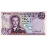 Luxembourg 20 Francs ND (1966) un-issued colour trial, SPECIMEN note serial No. A 000000, horizontal