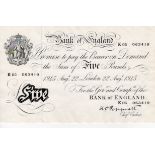 Peppiatt 5 Pounds dated 22nd August 1945, serial K05 063419, London issue on thick paper (B255,