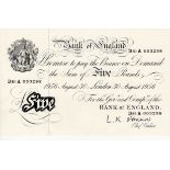 O'Brien 5 Pounds dated 30th August 1956, final year of issue of white notes, serial D81A 003298, (