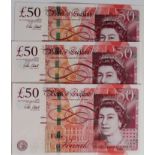 Cleland 50 Pounds (3) issued 2015, FIRST SERIES notes, serial AJ46 677073, AJ60 875734 and AJ60