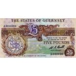 Guernsey 5 Pounds issued 1980 - 1989, signed W.C. Bull, FIRST PREFIX VERY LOW No. serial A000036, (