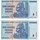 Zimbabwe 100 Trillion Dollars (2) dated 2008, the highest denomination issued, serial AA1195663 &